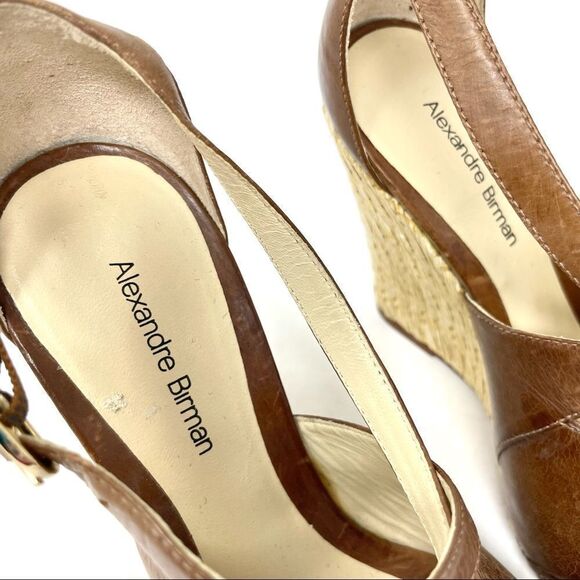 Alexandre Birman Brown Leather Raffia Wedge Sandals Size 38.5 - Picture 9 of 11